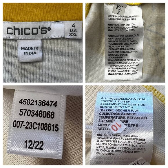 Chicos Mustard Yellow White Floral Short Sleeve Size XXL (4) 100% Pima Cotton - Picture 8 of 16